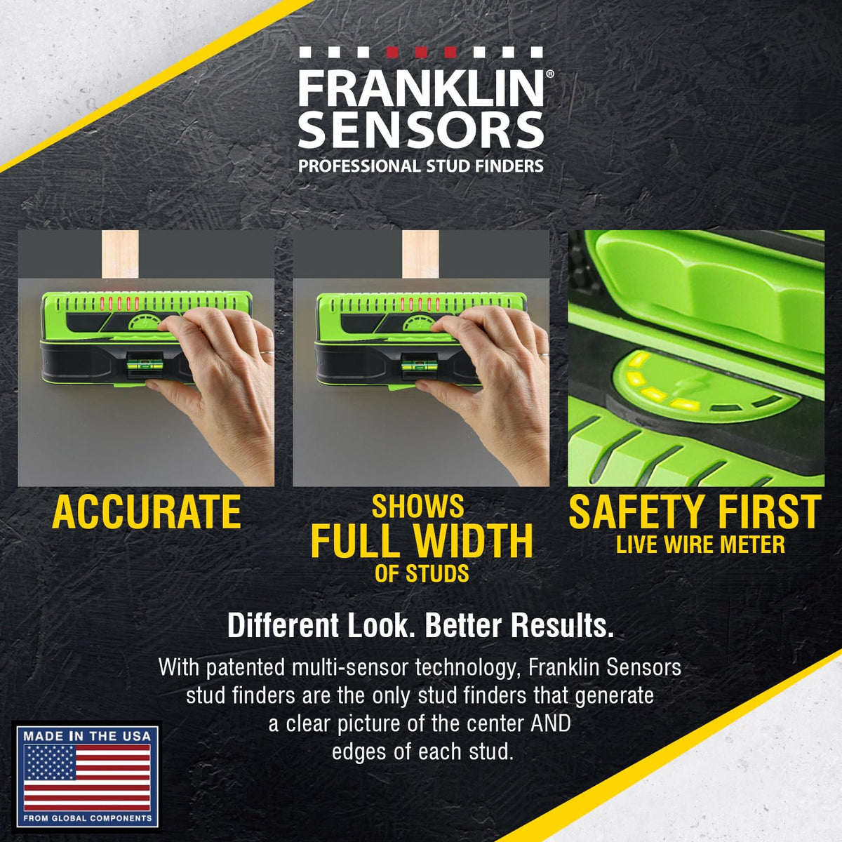ProSensor M210 illuminated sensor array showing center and edge readings through drywall.