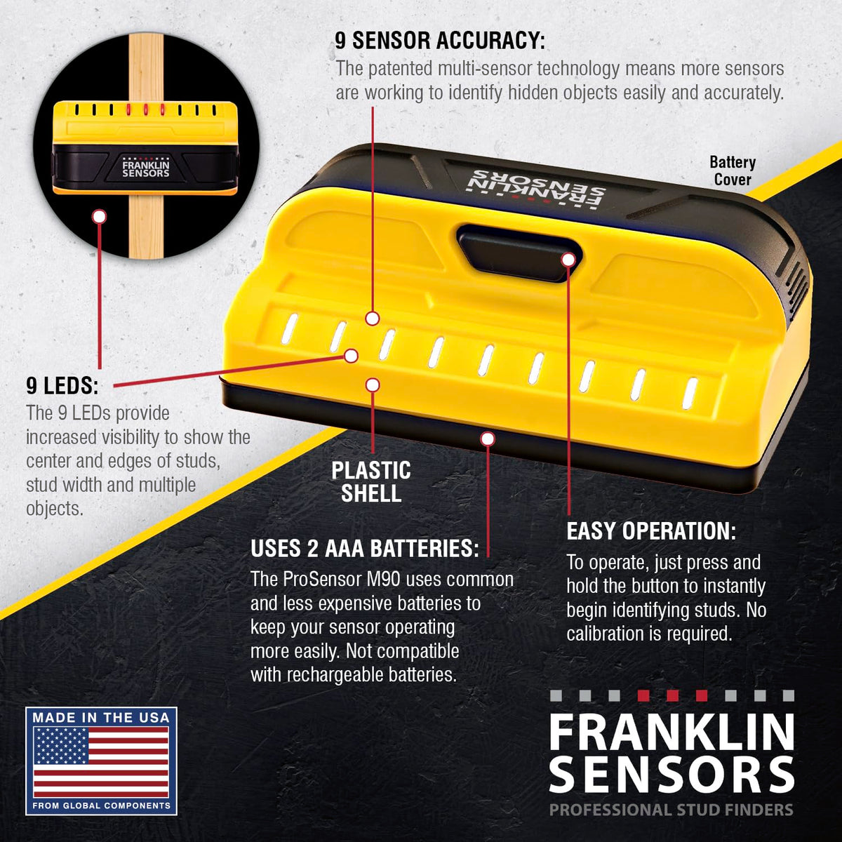 Franklin Sensors ProSensor M90 LED indicators reveal stud width and layout.