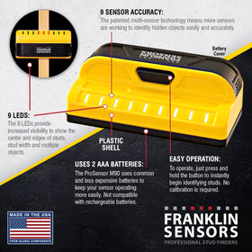Franklin Sensors ProSensor M90 LED indicators reveal stud width and layout.