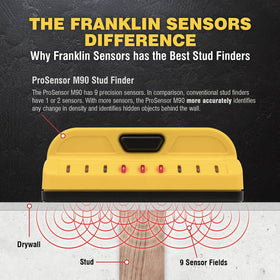 Franklin Sensors ProSensor M90 in use scans a wall to locate studs behind drywall.