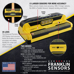 Franklin Sensors ProSensor MAX built-in bubble level and pencil caddy.