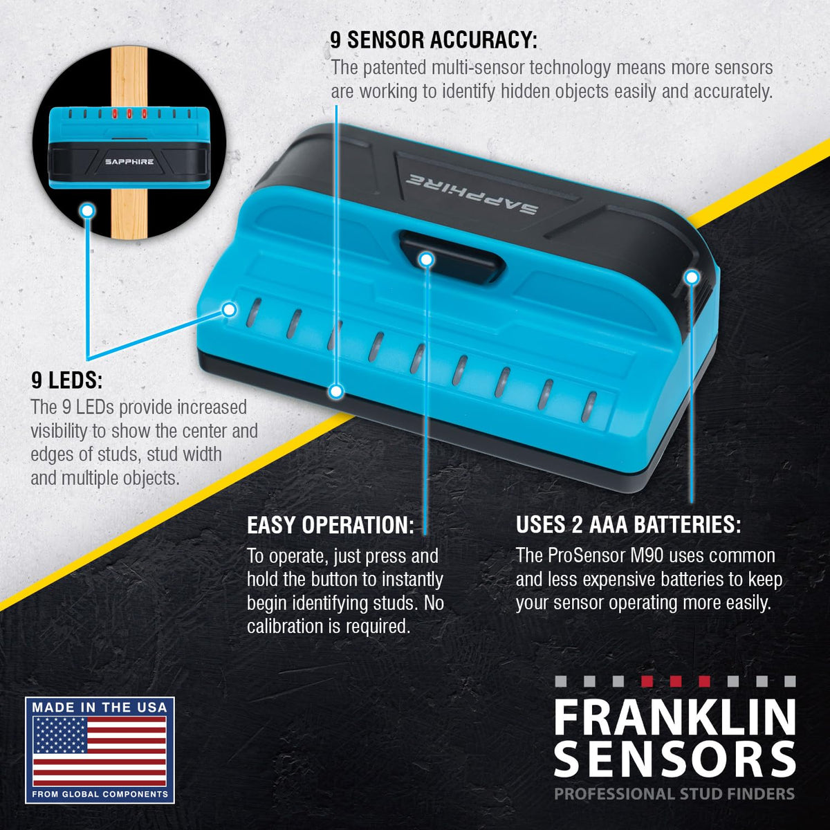 Franklin Sensors ProSensor Sapphire 9000 LEDs indicate center and edges of studs.
