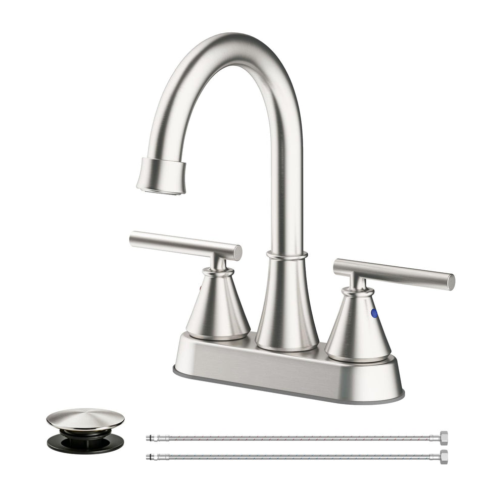 Fransiton bathroom faucet front view showing brushed nickel finish and modern design.