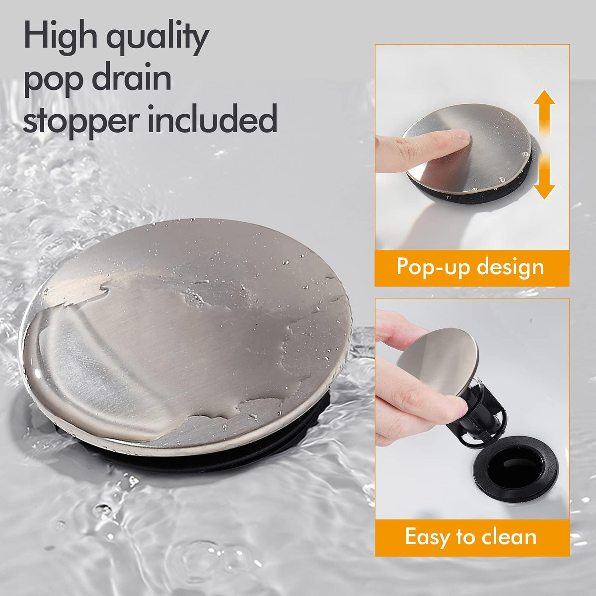 Fransiton pop-up drain assembly in brushed nickel for easy cleaning