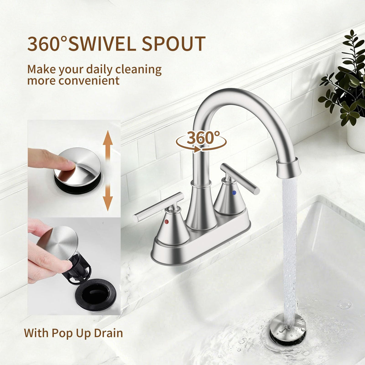 Fransiton spout swivels 360 degrees for versatile sink cleaning.