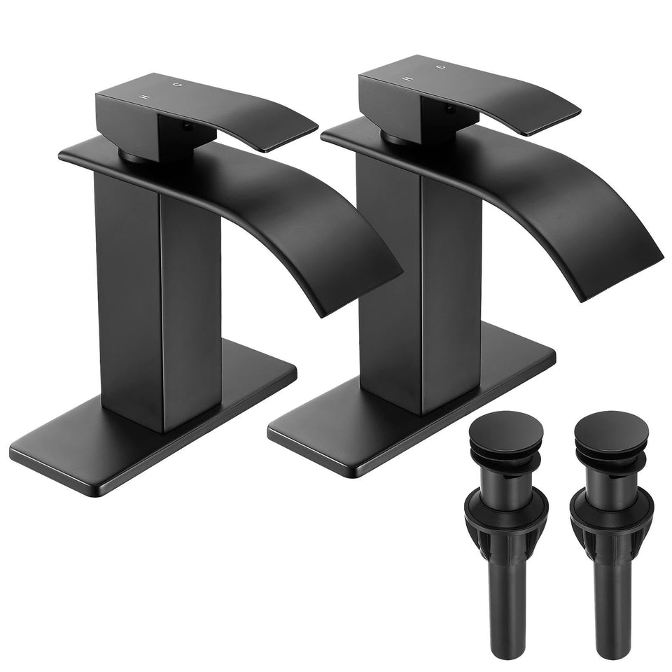 Fransiton matte black waterfall faucet with deck plate for versatile 1/3-hole installations.