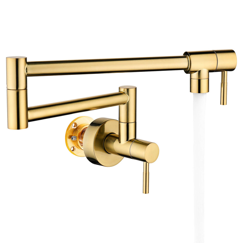 Fransiton brushed gold pot filler wall mount ready for easy kitchen filling.