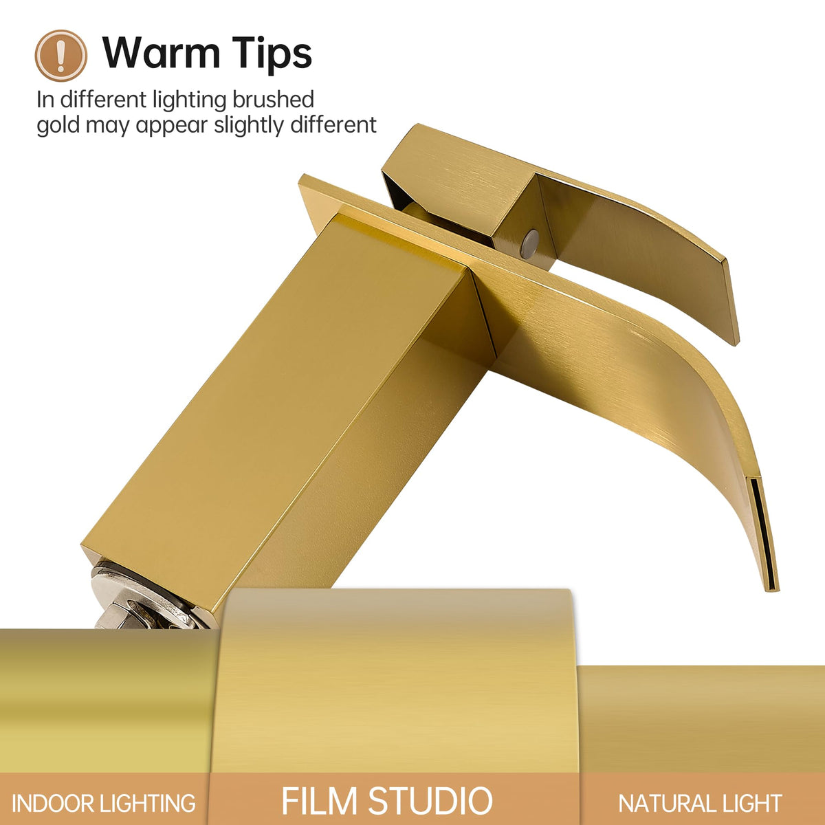 Fransiton brushed gold waterfall faucet with deck plate for flexible 1- or 3-hole installation