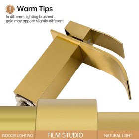 Fransiton brushed gold waterfall faucet with deck plate for flexible 1- or 3-hole installation