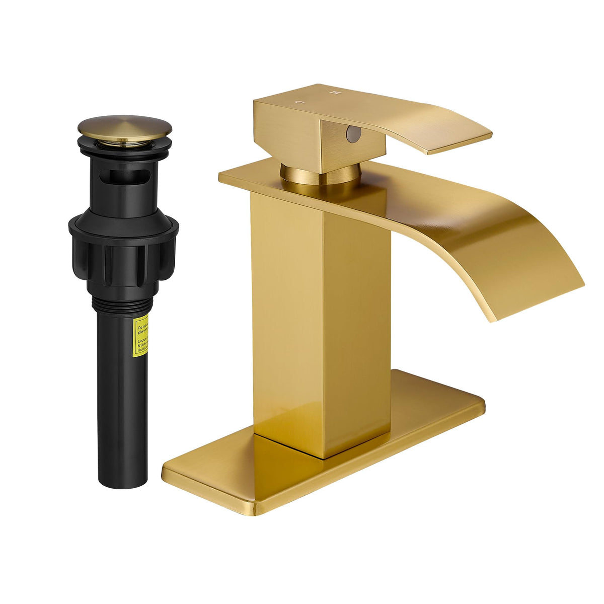 Fransiton brushed gold waterfall faucet front view, showcasing elegant finish and sturdy construction