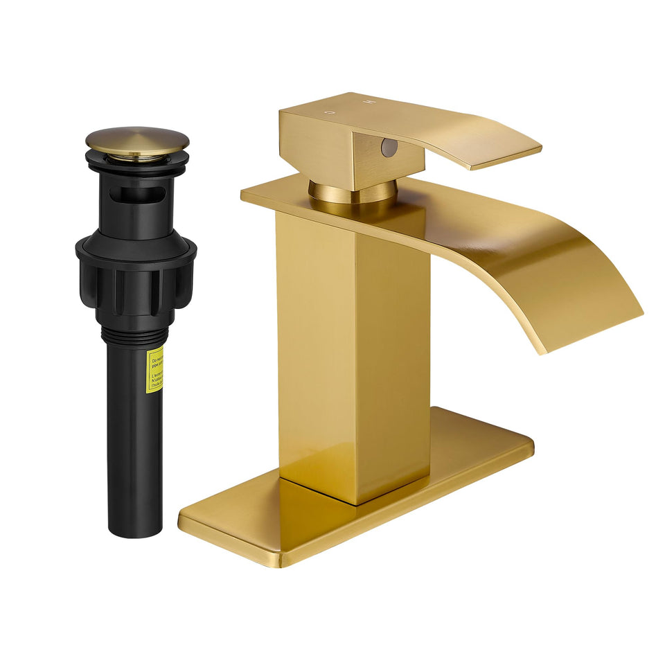 Fransiton brushed gold waterfall faucet front view, showcasing elegant finish and sturdy construction