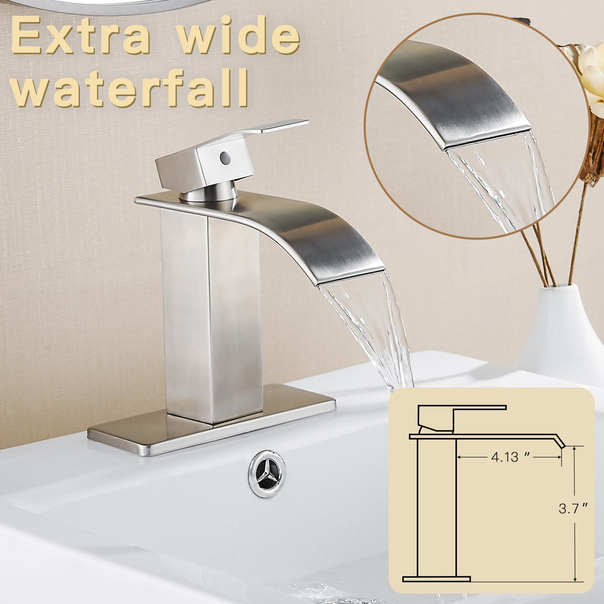 Fransiton brushed nickel waterfall faucet ceramic valve close-up
