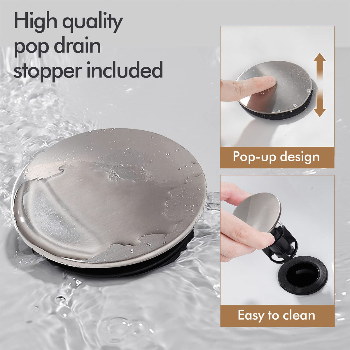 Fransiton brushed nickel waterfall faucet with pop-up drain close-up
