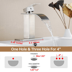 Fransiton brushed nickel waterfall faucet side view for mount versatility