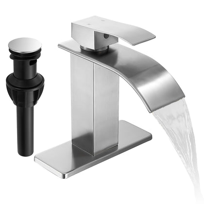 Fransiton brushed-nickel waterfall faucet with durable stainless steel finish.