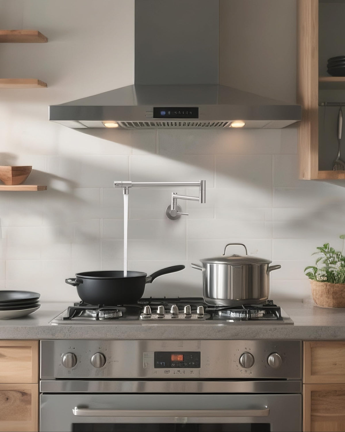 Foldable Fransiton pot filler Arm in action for flexible reach
