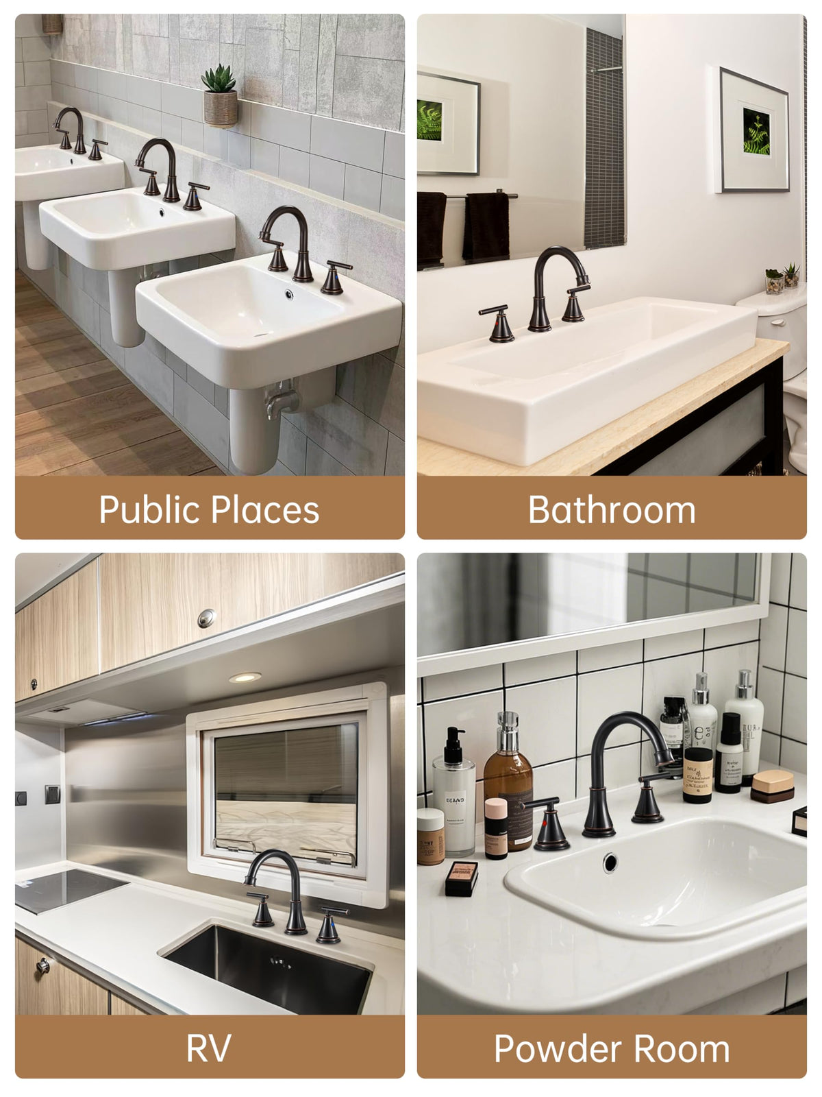 Fransiton oil rubbed bronze finish enhances warm bathroom decor under lighting.