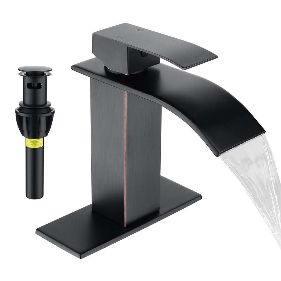 Fransiton oil rubbed bronze waterfall faucet front view with durable construction and modern style