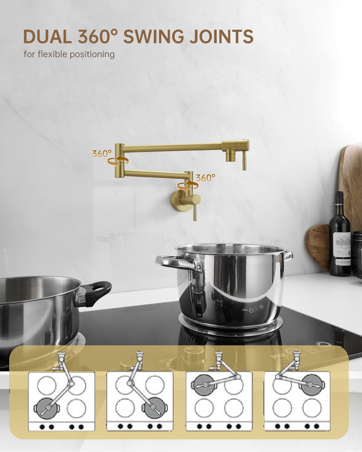 Fransiton pot filler folded compactly to save counter space when not in use.