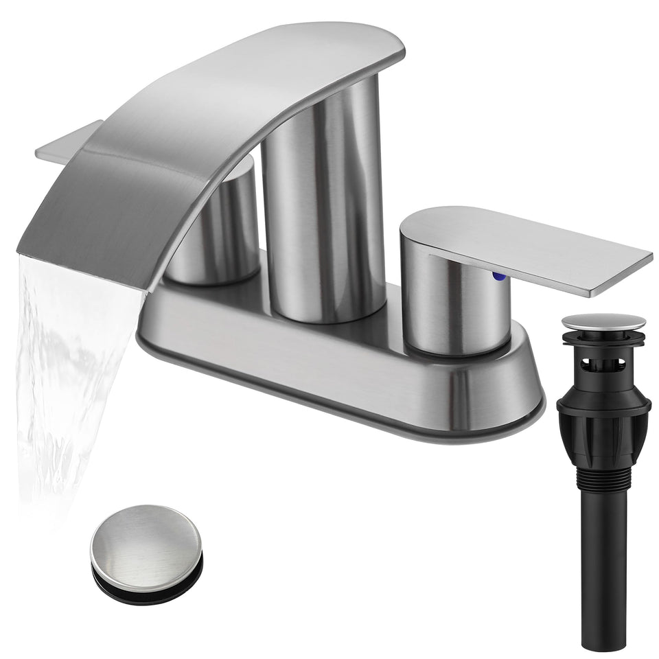Fransiton waterfall bathroom faucet in brushed nickel for a modern sink setup.