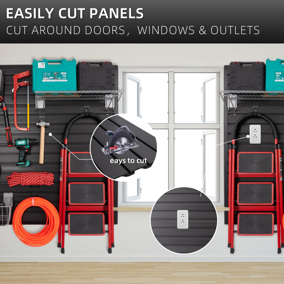 FRAYSCENT slat wall storage configuration enables flexible, expandable organization.