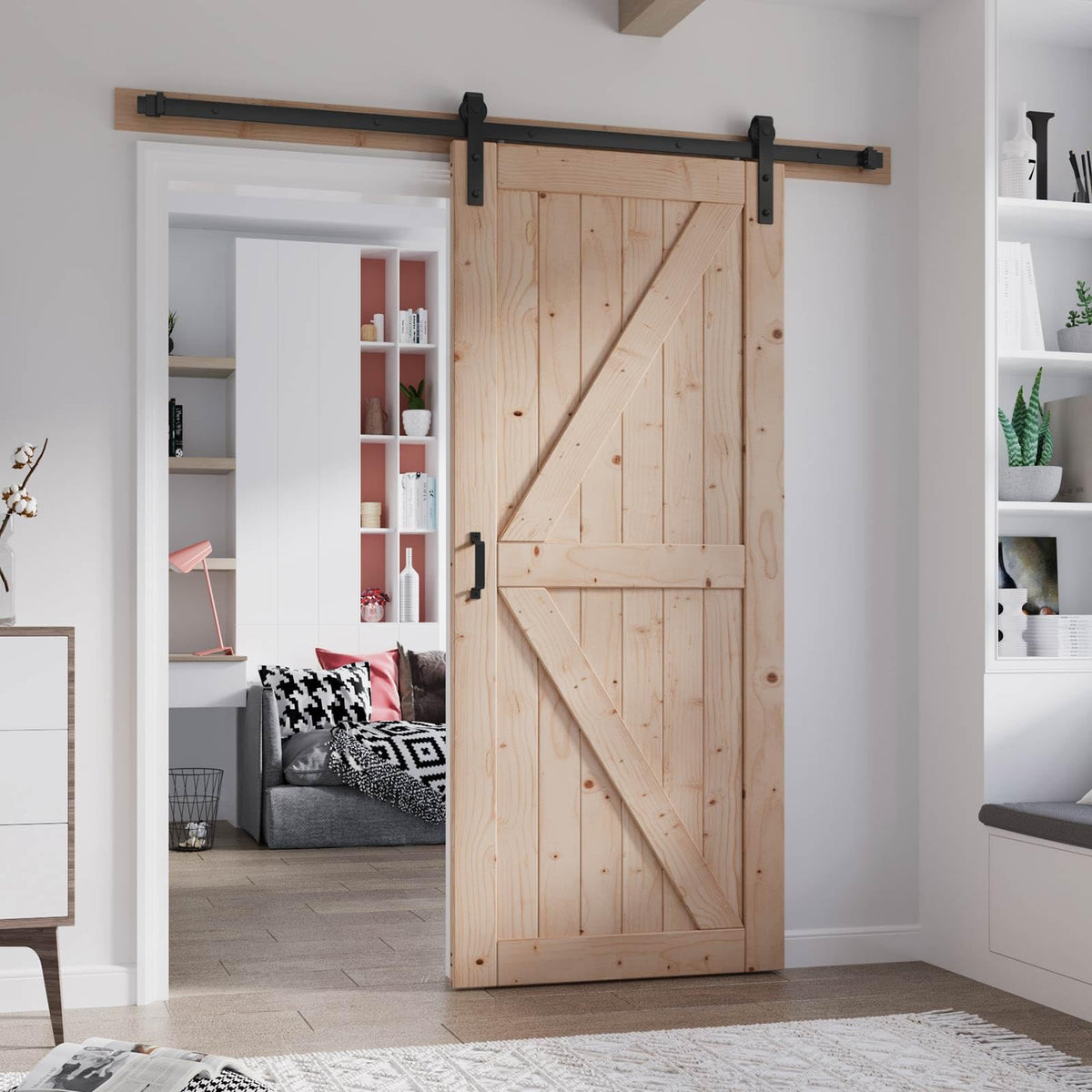 FREDBECK 36in x 84in spruce barn door front view highlights rustic texture and sturdy build.
