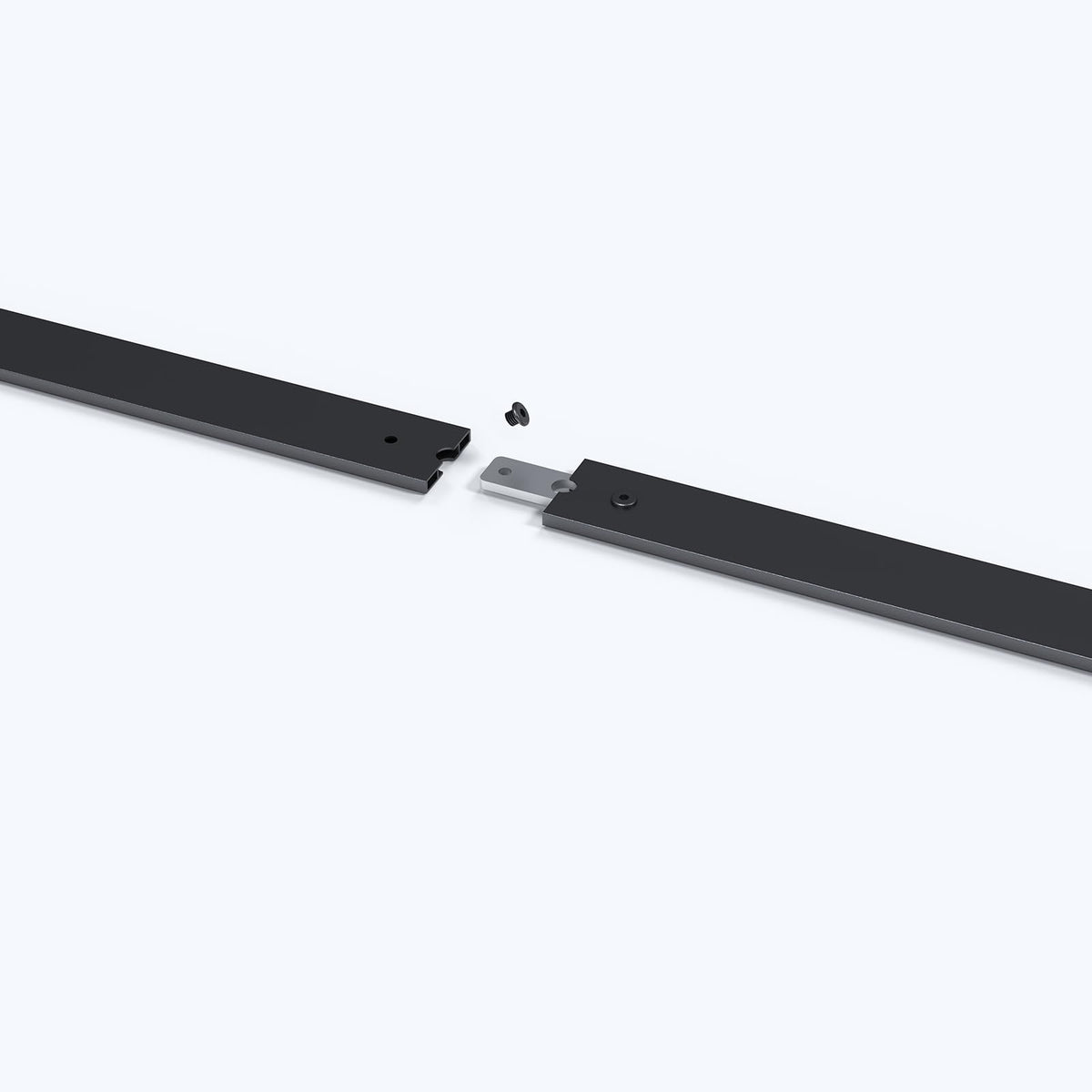 FREDBECK sliding barn door track connector closeup highlights frosted black finish and durable hardware.