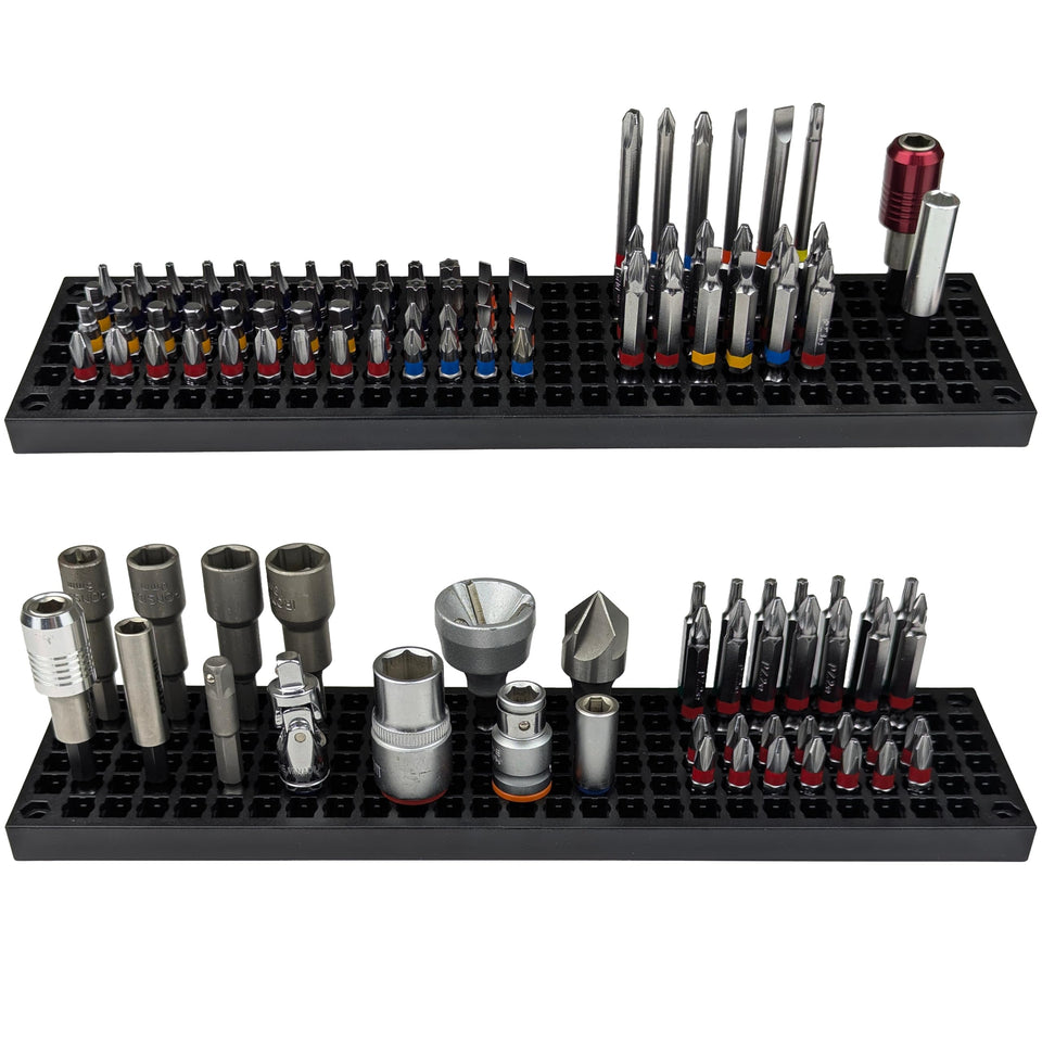 FREE ZONE 158-hole bit tray keeps bits secure and organized