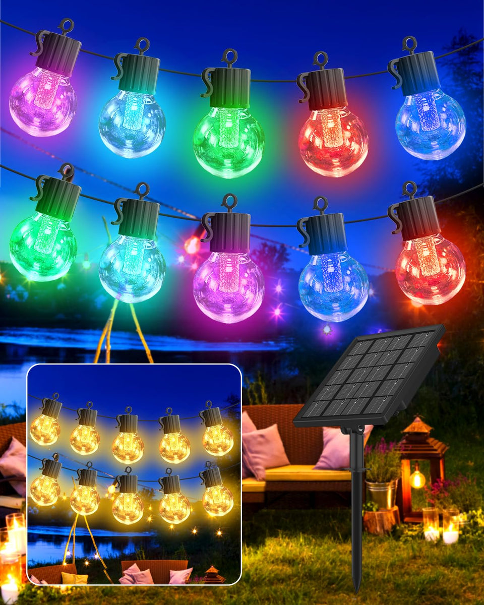 FREECUBE solar string lights showcase 50ft length with warm white and multicolor options.