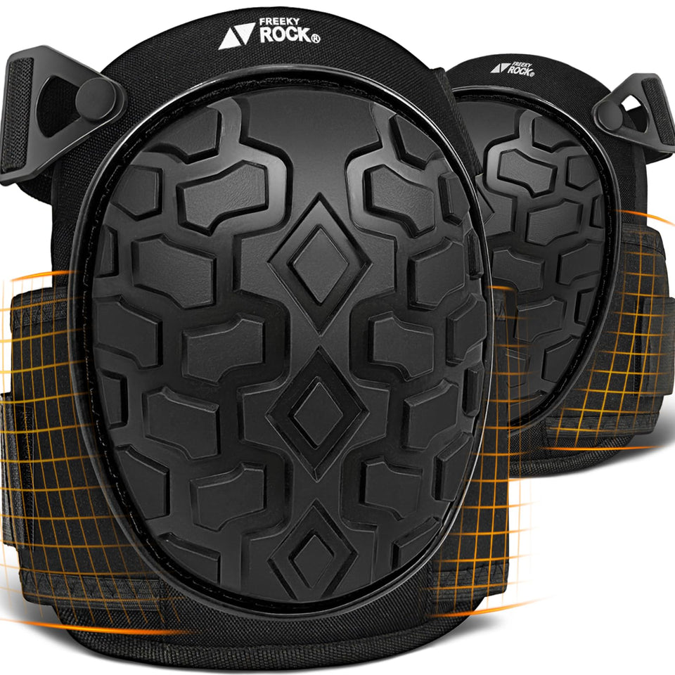 FREEKYROCK gel knee pads with heavy-duty cap protect knees on rough surfaces.