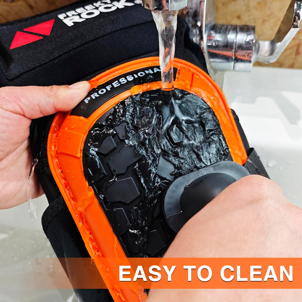 FREEKYROCK knee pads on a construction site in use for safety.