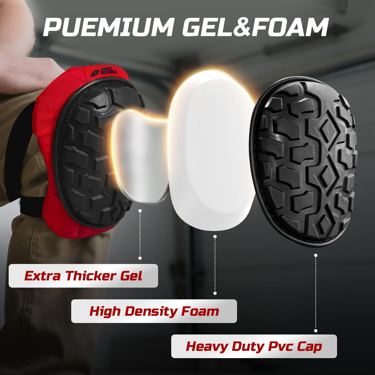 FREEKYROCK knee pads show foam padding for all-day kneeling comfort.