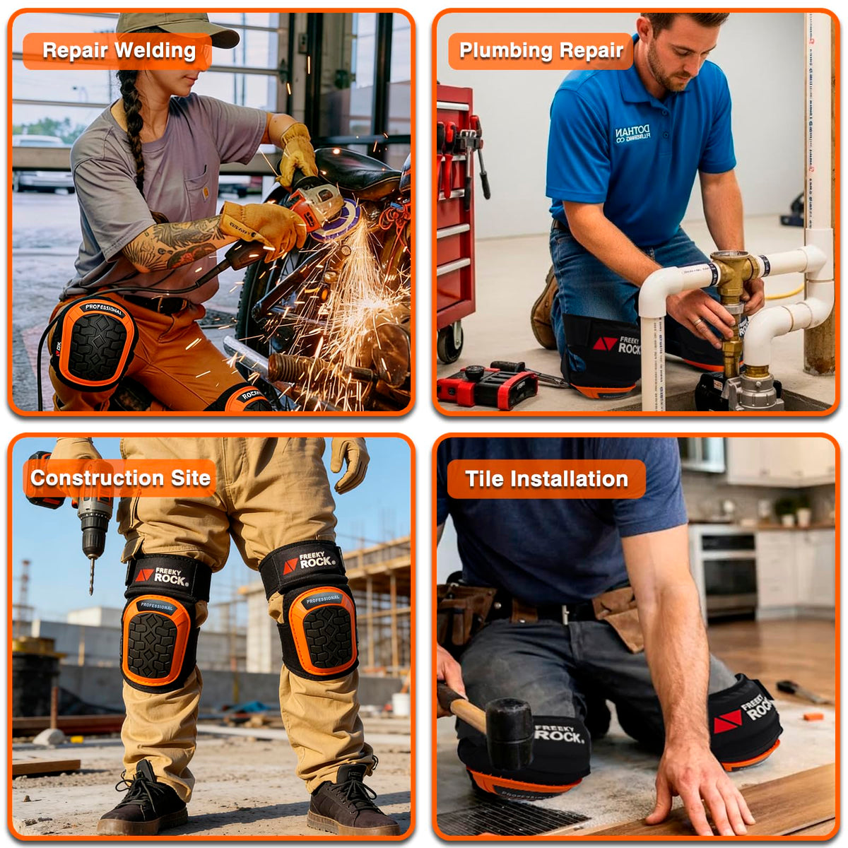 FREEKYROCK knee pads in orange increase visibility on job sites.