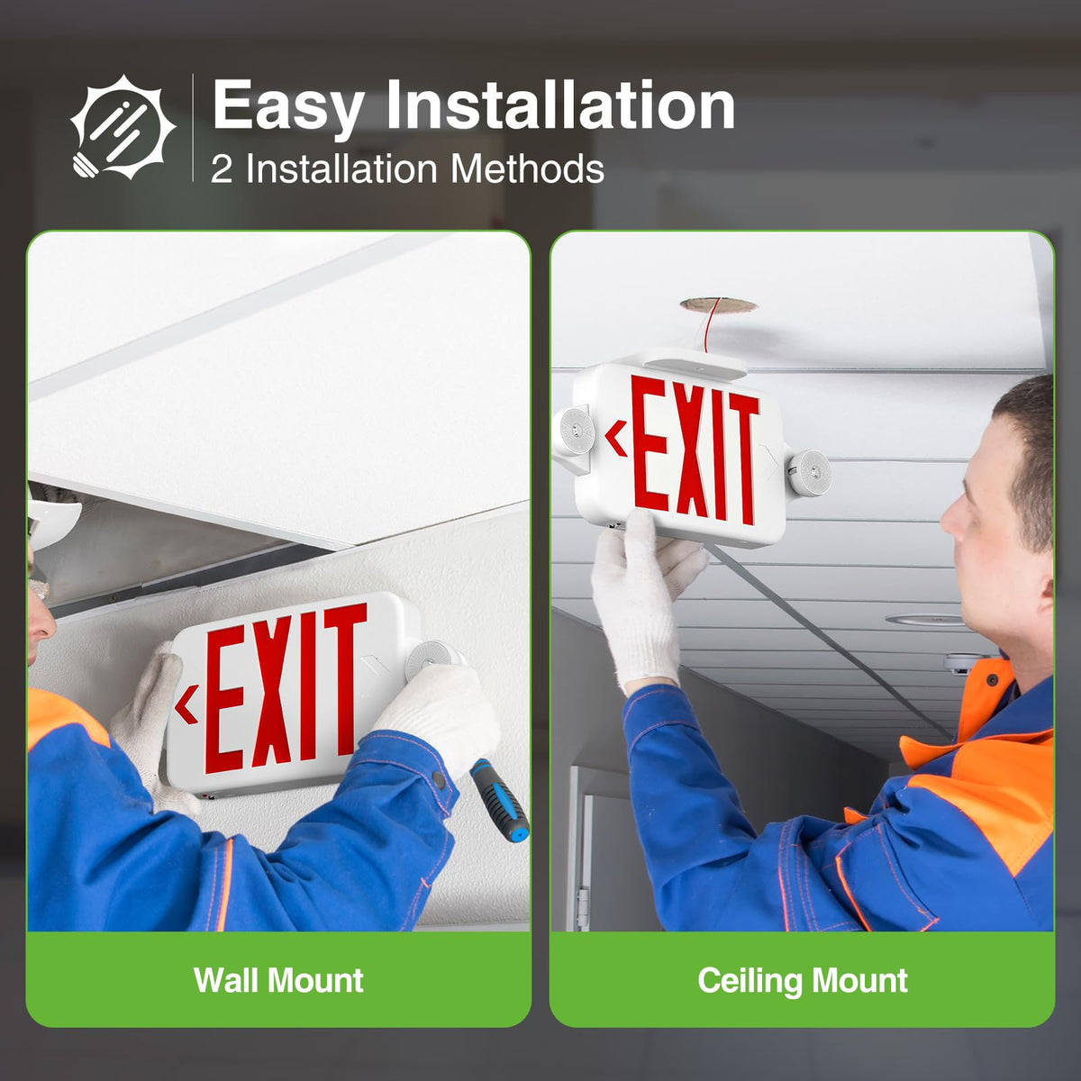 FREELICHT exit sign with emergency light on shows built-in battery reliability.