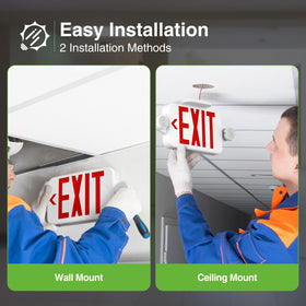 FREELICHT exit sign with emergency light on shows built-in battery reliability.