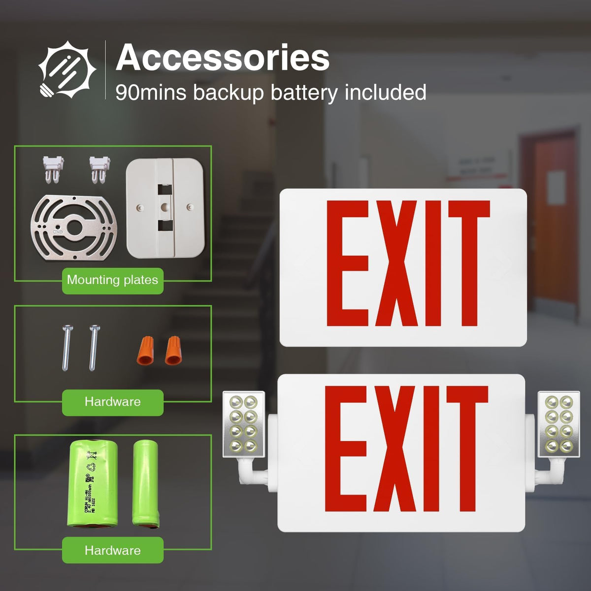 FREELICHT exit sign includes 90-minute battery backup for reliability.