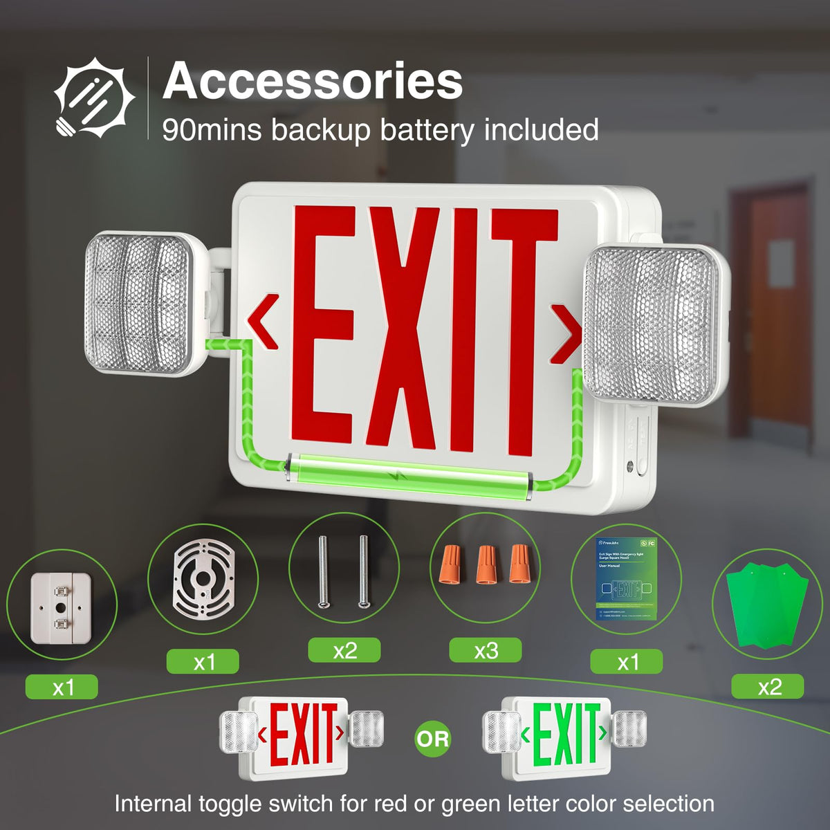 Freelicht exit sign LED 2-pack rotatable lights cover multiple angles.