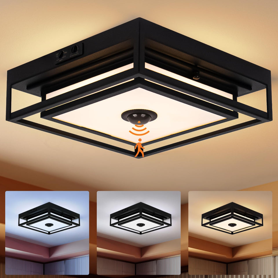 Frelii LED motion sensor outdoor ceiling light, square 10.5 inch, boosts porch safety at night