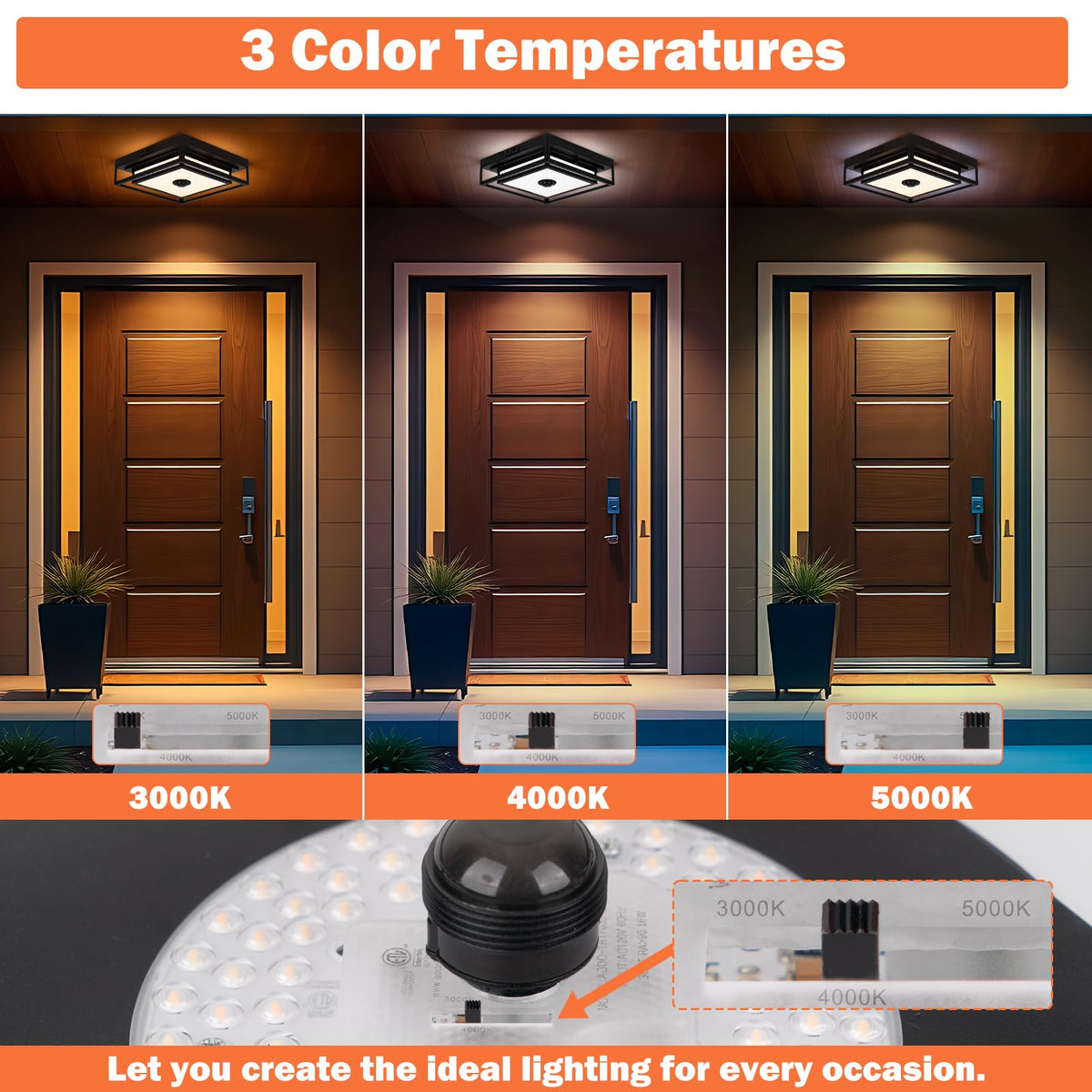Frelii outdoor ceiling light in dusk-to-dawn mode illuminating walkway