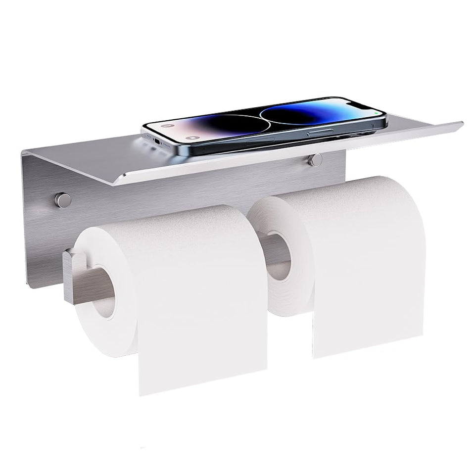 FreshGlow double toilet paper holder with shelf in brushed nickel stores two rolls neatly
