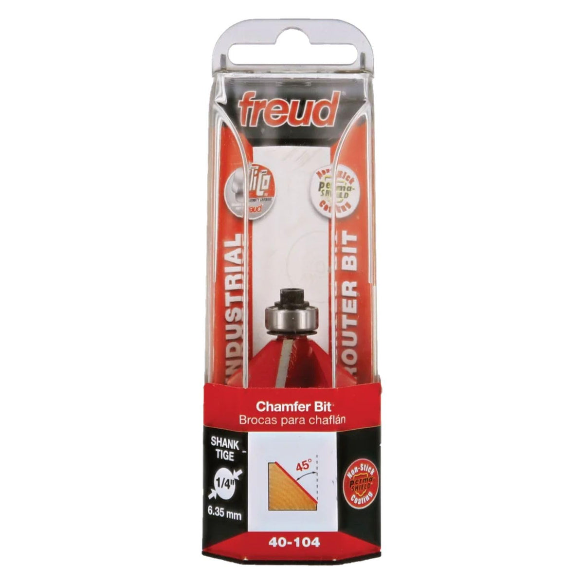 Freud 40-104 chamfer bit with quarter-inch shank for versatile routing.