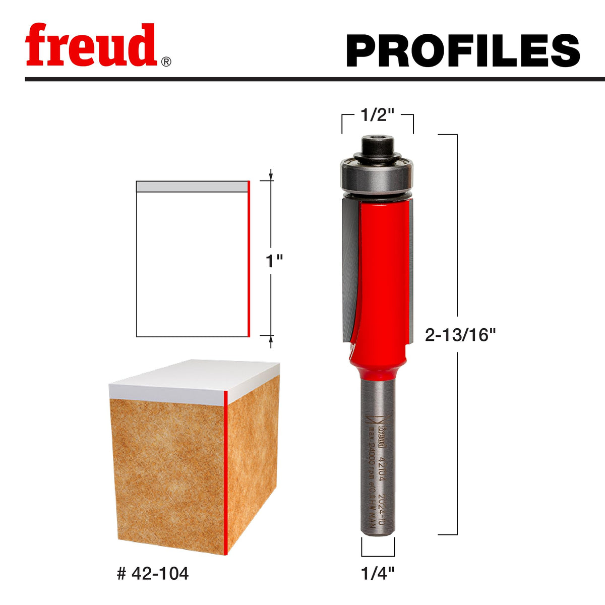 Close-up of Freud 42-104 showing 1/4 inch shank and 1/2 inch bearing