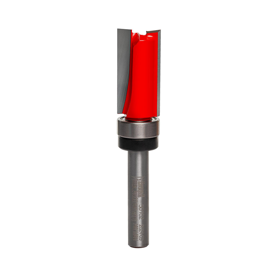 Freud 50-102 half-inch top-bearing flush trim bit closeup shows precise edge routing