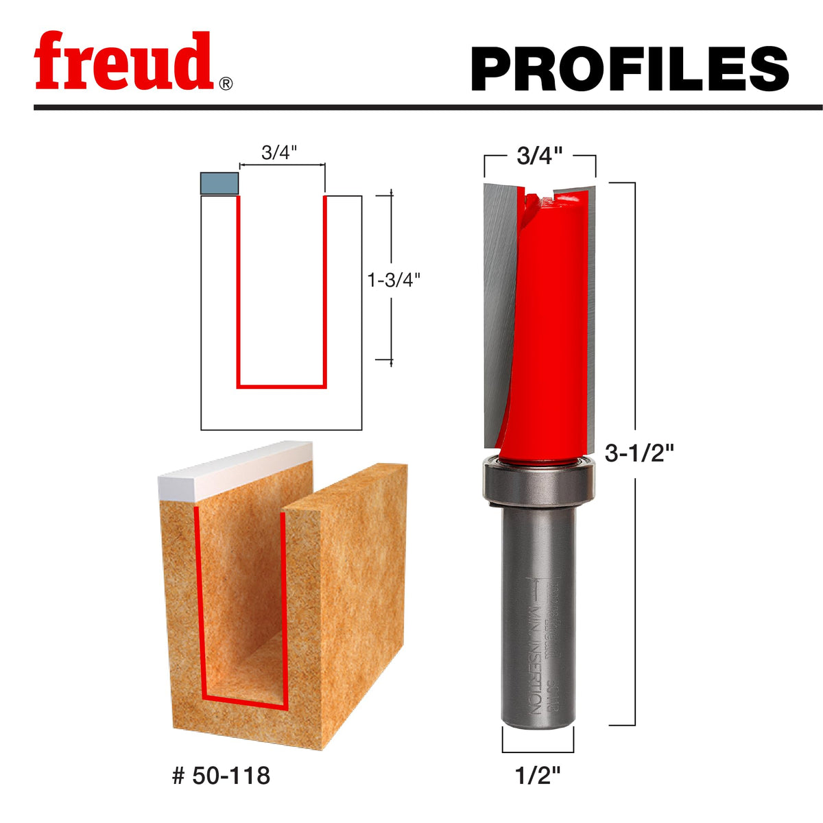 Freud 50-118 two-cutter design speeds material removal for smooth finish.