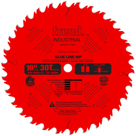 Freud LM74R010 10-inch blade close-up shows solid build for precise glue-line cuts.