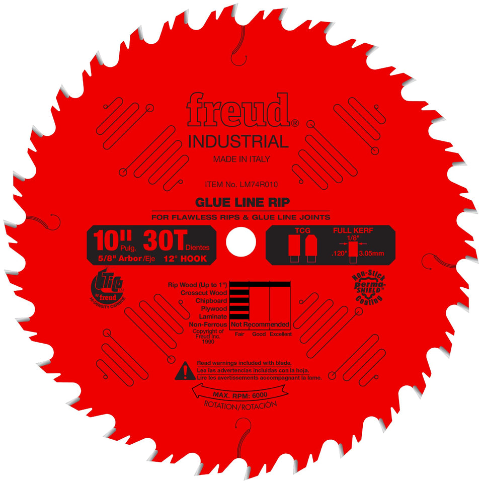 Freud LM74R010 10-inch blade close-up shows solid build for precise glue-line cuts.