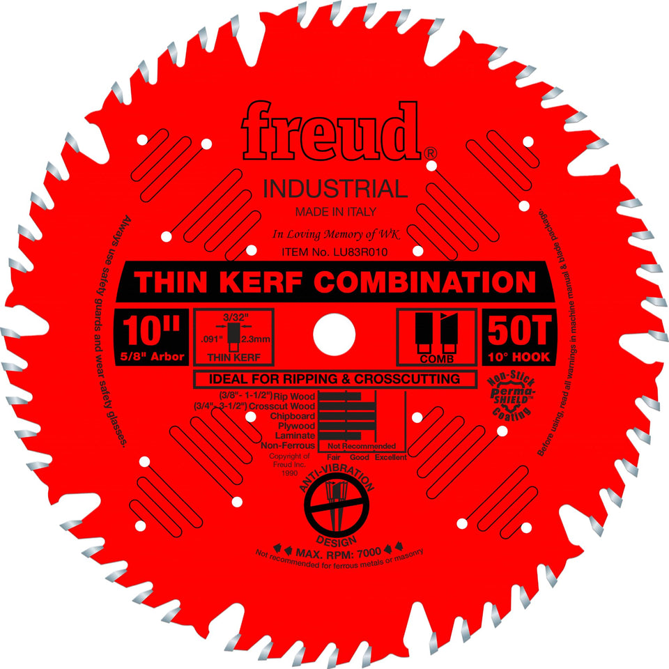 Freud LU83R010 10-inch blade with thin kerf for precise ripping and crosscuts.