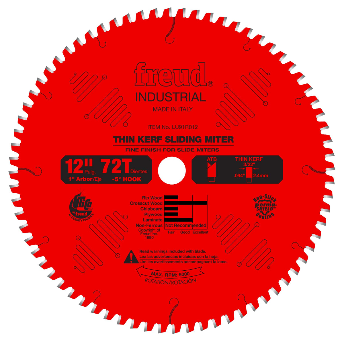 Freud LU91R012 blade close-up shows TiCo teeth for clean crosscuts.