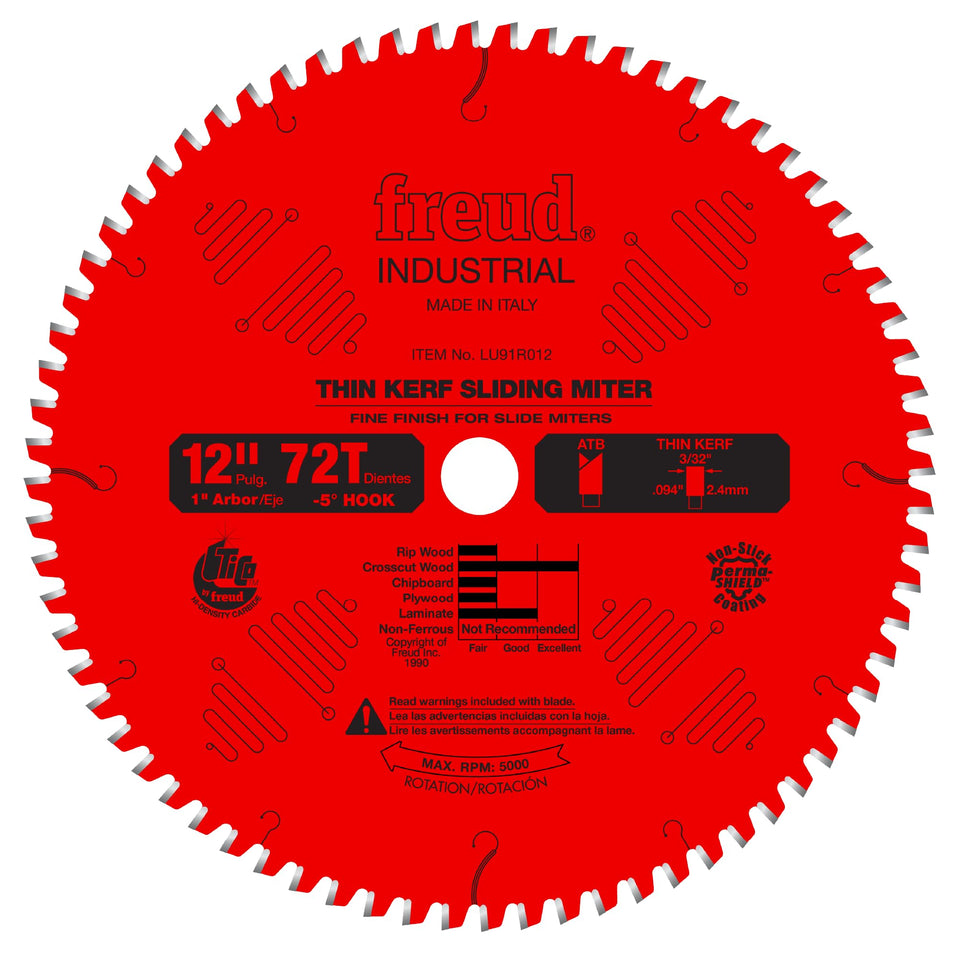 Freud LU91R012 blade close-up shows TiCo teeth for clean crosscuts.