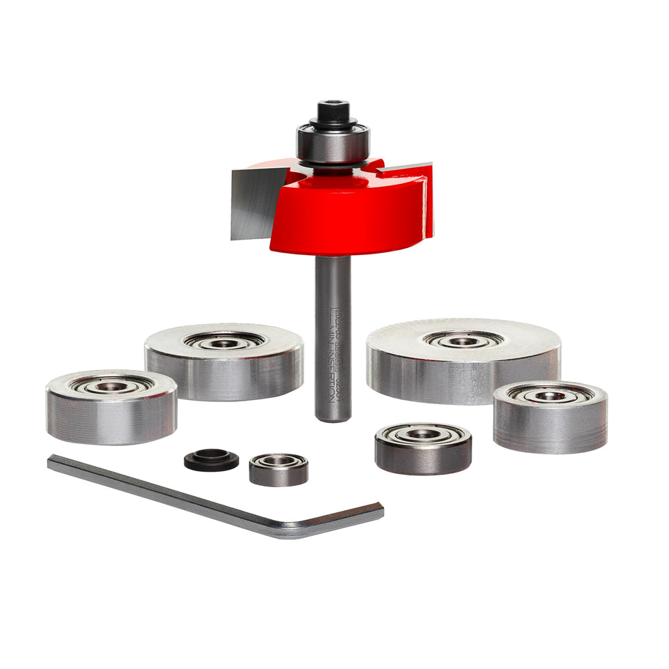Freud rabbeting bit set with bearings for precise adjustable rabbet depths.
